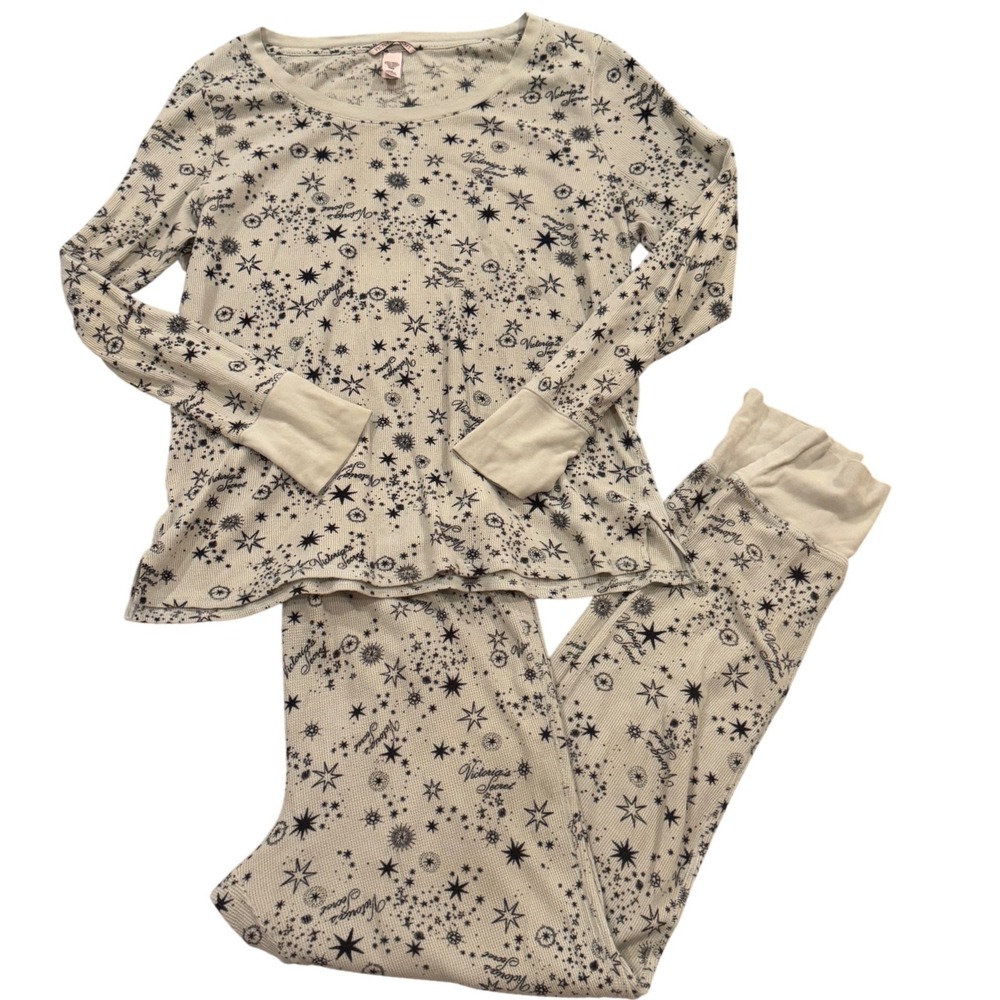 Victorias Secret‎ Thermal Pajama Set Large Celestial Star Moon Waffle Knit Cream